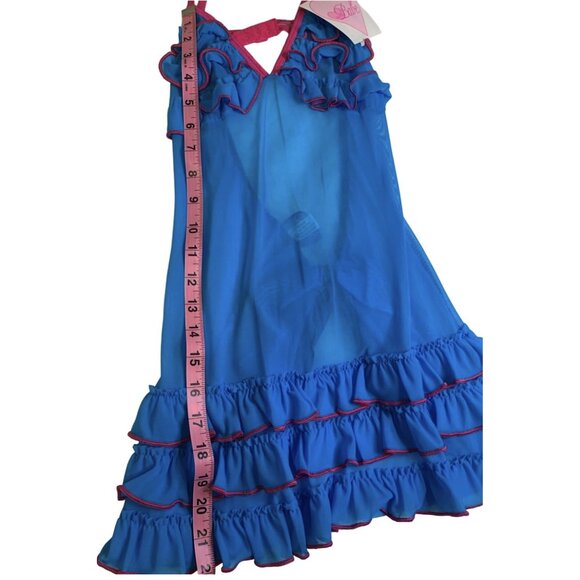 Babe Babydoll Lingerie Womens Small Blue Pink Ruffle Sheer Chemise Set Bow - Picture 6 of 6